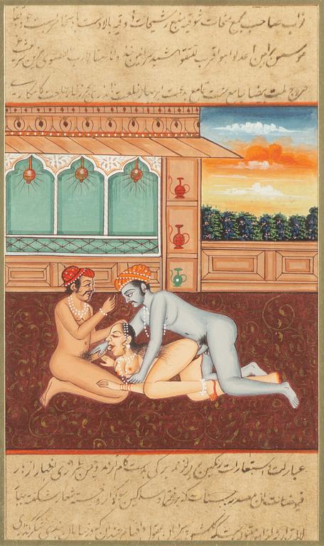 Unidentified artist, Interiors with erotic scenes, India, 20th century. Three pieces.