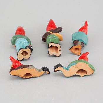 Five Santa Claus figures, second half of the 20th century, probably Heissner.