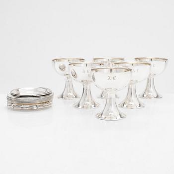 A set of six silver goblets and 13 silver coasters, from Tavastehus, Åbo, and Helsinki, year marks 1926-48.