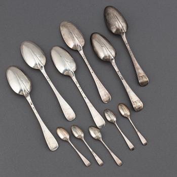 6 English silver spoons, 18th century.