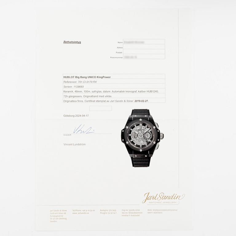 Hublot, Big Bang, King Power, Unico Black Magic, chronograph, ca 2019.