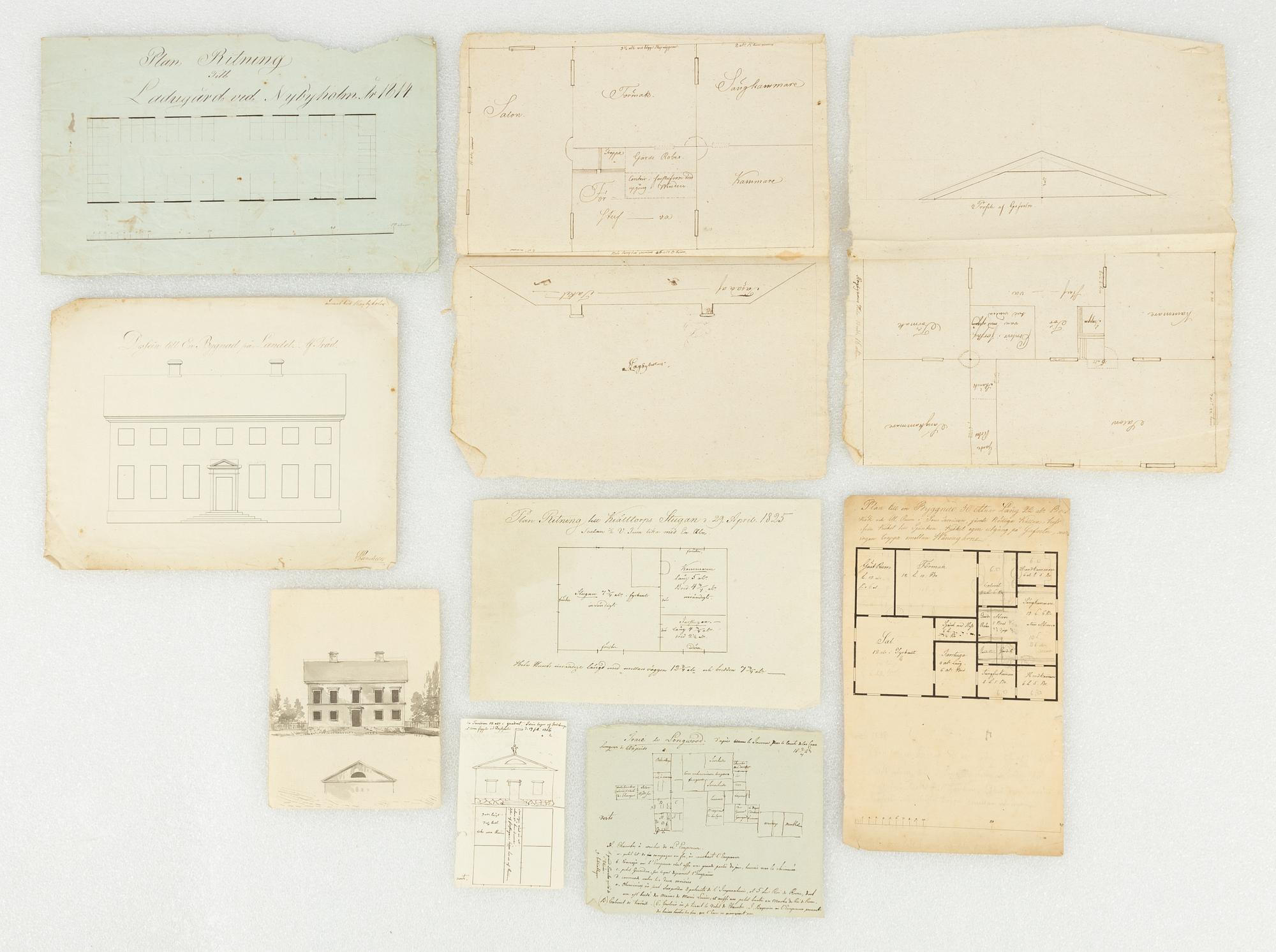 Drawings of plans and buildings, 8 pieces, 17th/18th century, including "Dessein till En Byggnad på landet"".