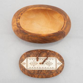 Per Sunna, a birch box with an engraved reindeer horn panel, signed.