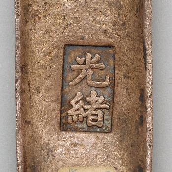 A 10 tael Vietnam (Annam) silver bar ingot sycee, stamped Guangxu (1875-1908).