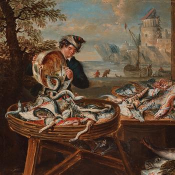 Pieter Angellis Attributed to, Market scenes after Frans Snyders; ”Der Obstmarkt”, ”Der Gemüsemarkt”, ”Der Wildbrethändler”, ”Der Fischmarkt”.