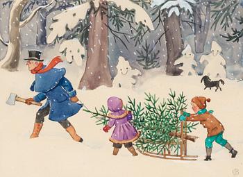 83. Elsa Beskow, Farbror Blå hugger en julgran.