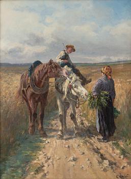 Léon Georges Calvès, Harvest motif with horses and two figures.