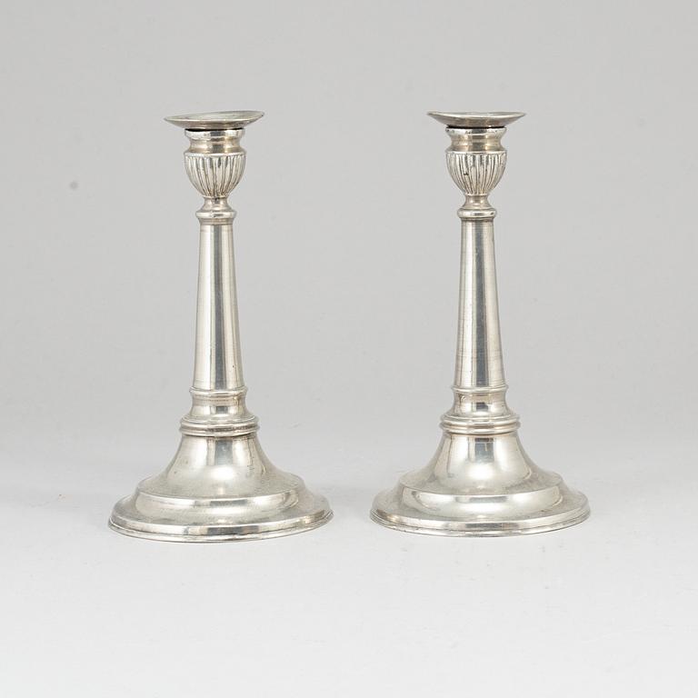 A pair of Swedish 19th century pweter cadlesticks, mark of P Lindborg, Kristianstad 1845.