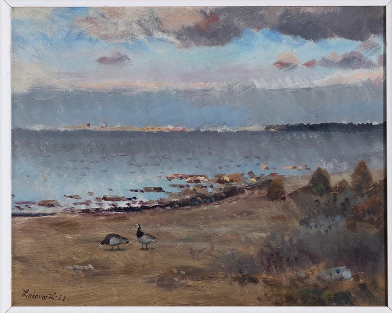 Lindorm Liljefors, Coastal landscape with white-fronted geese.