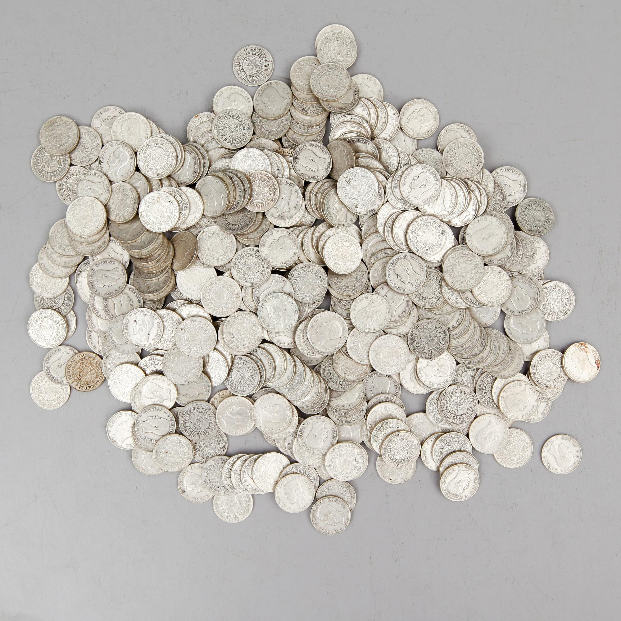 SAMLING SILVERMYNT, enkronor, Gustaf V, 1910-1941. Vikt ca 3000 gram.