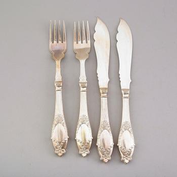 FISKBESTICK, 24 delar, nysilver, Danmark, 1900-talets förta hälft.
