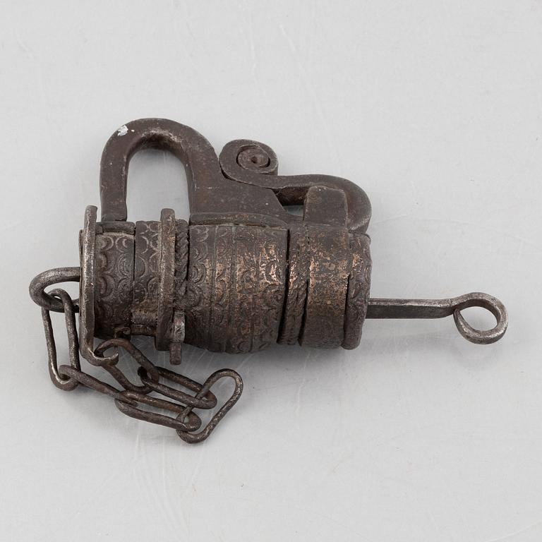 A Swedish wrought iron lock, 17th century.