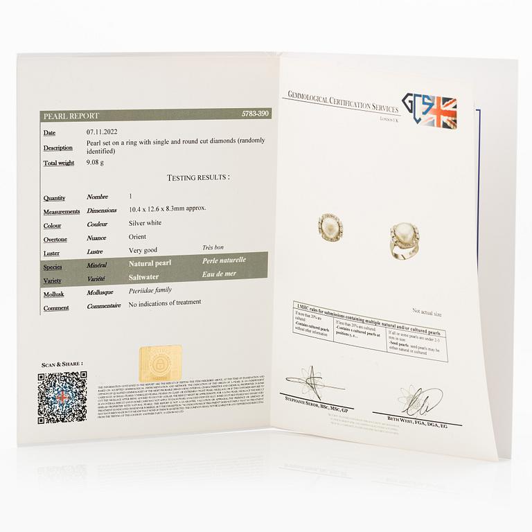 Ring in 18K white gold with a saltwater pearl, set with brilliant-cut and octagonal-cut diamonds.