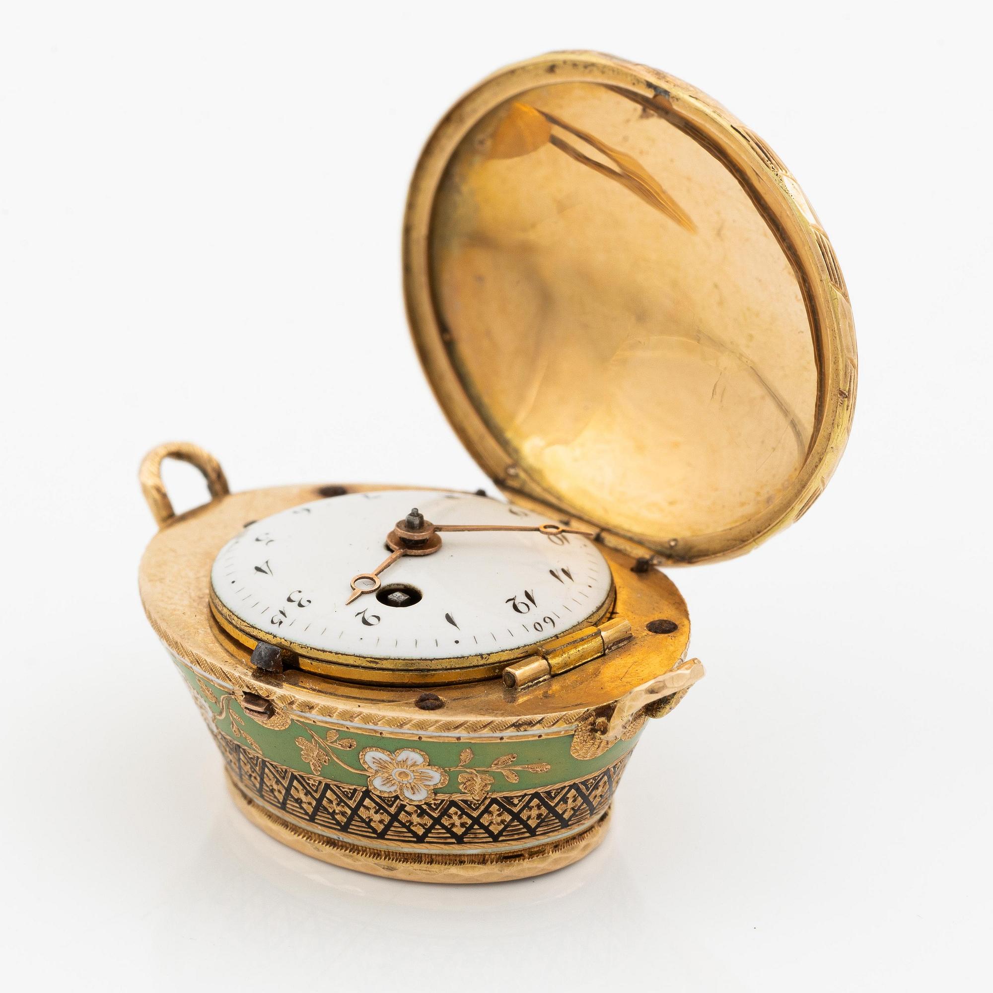 Fickur i form av korg, guld och emalj, Genève, Schweiz, tidigt 1800-tal.