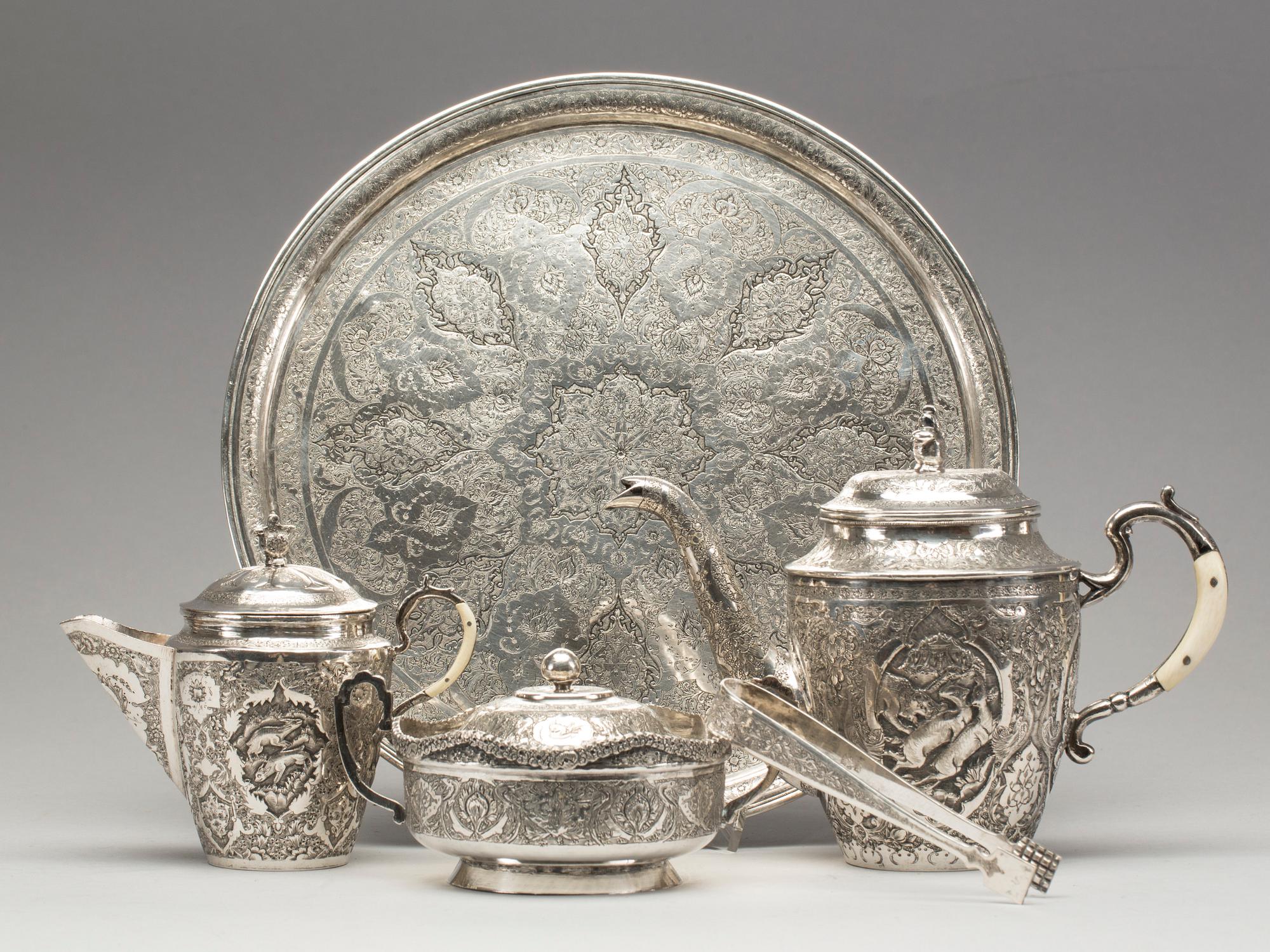 KAFFESERVIS, silver, 5 delar, utländska stämplar, Orienten.  1940-tal. Vikt ca 1580 g.