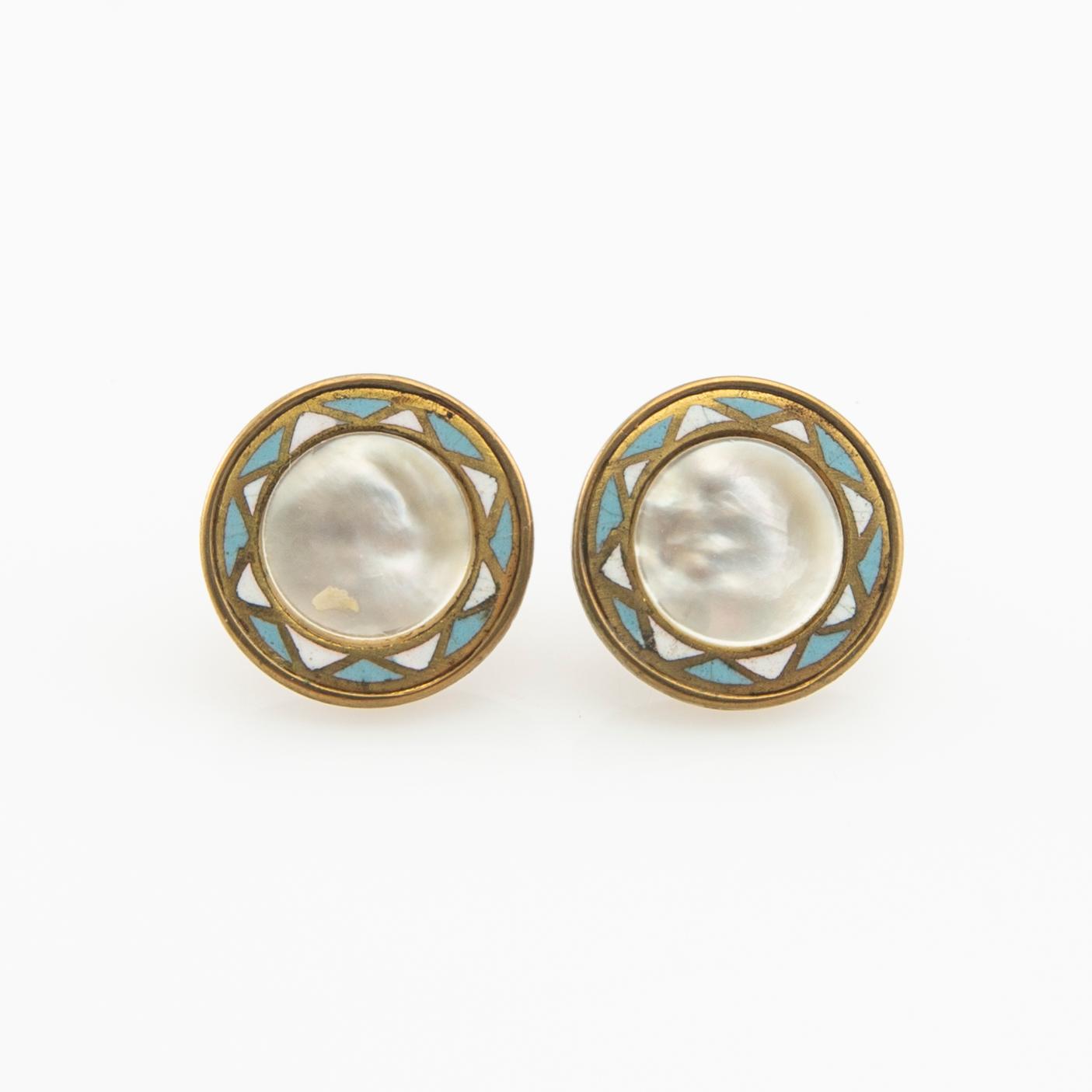 Shirt buttons made of brass with decoration of enamel and mother-of-pearl, early 20th century.