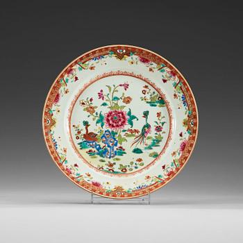 A set of eight famille rose 'double peacock' dinner plates, Qing dynasty, Qianlong (1736-95).