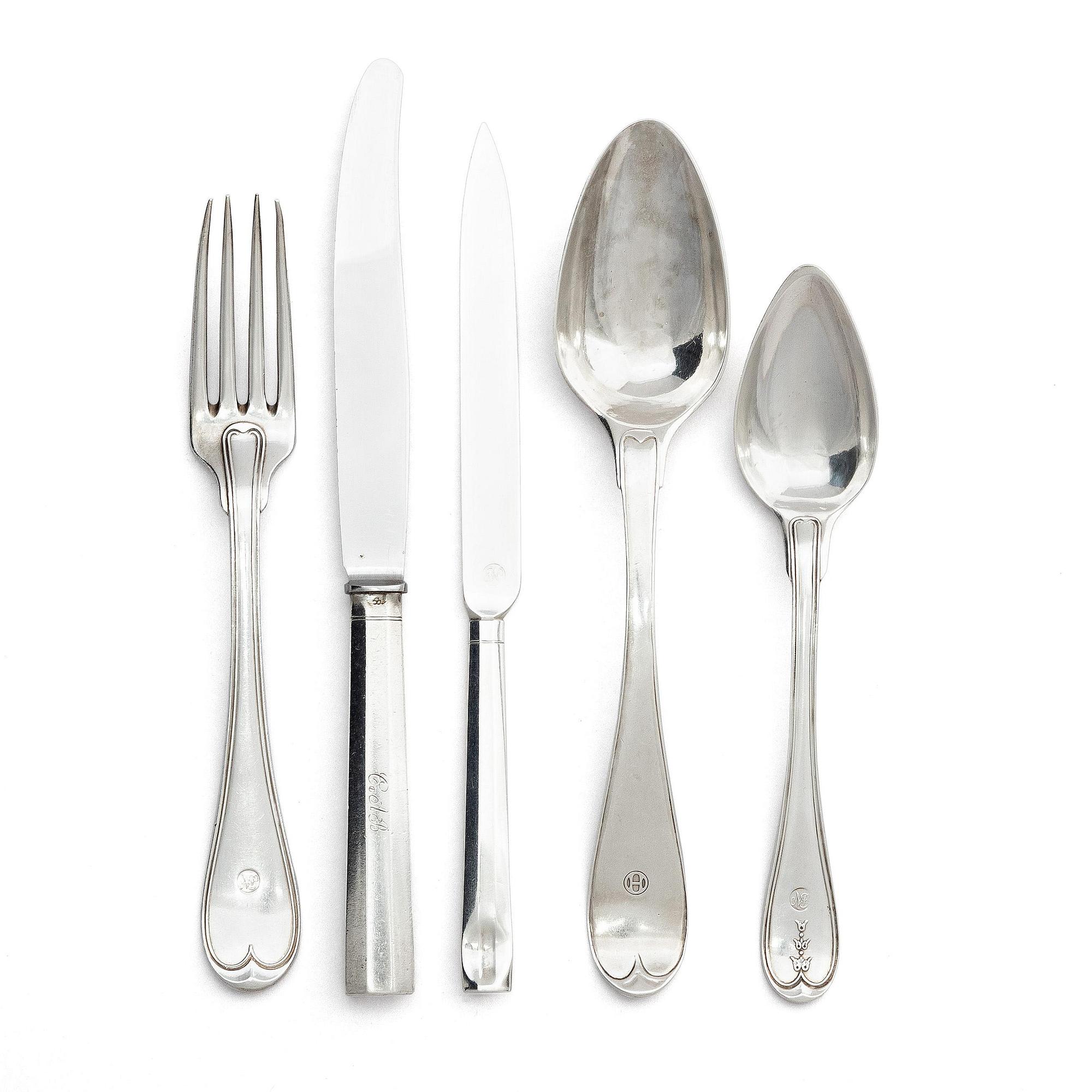 A Swedish late 18th/early 19th century silver cutlery set, 60 pieces, and a mahogany box.
