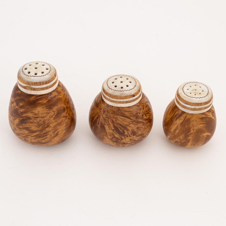 A set of three birch and reindeer salt and sugar containers by Thore Sunna, before 1965.