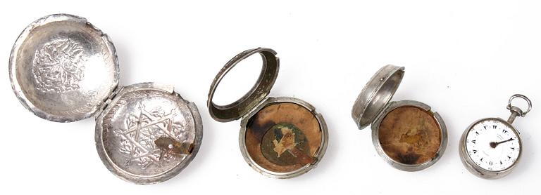 FICKUR, i fodral, silver, 1700/1800-tal.