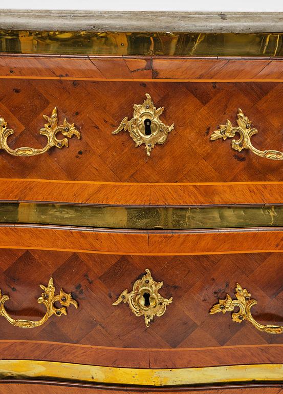 A rococo parquetry commode by C. Linning (master in Stockholm 1744-79).