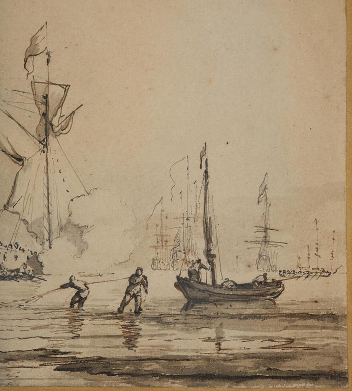 Willem van de Velde, attributed to, Coastal scene with fishermen and warships.