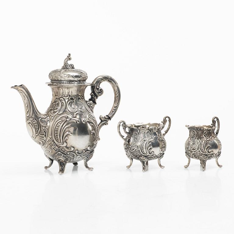 A three-piece rococo-style silver coffee service, GEWE, Malmö, 1955.