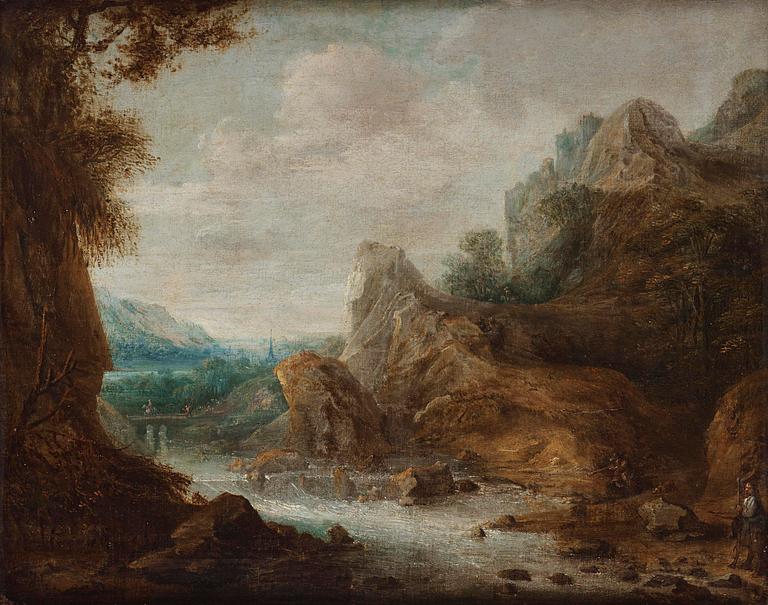 Frans de Momper, circle of, Mountainous river landscape with hunters.