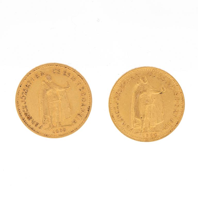 Coins 2 pcs 10 Korona gold, Hungary 1893 and 1908.