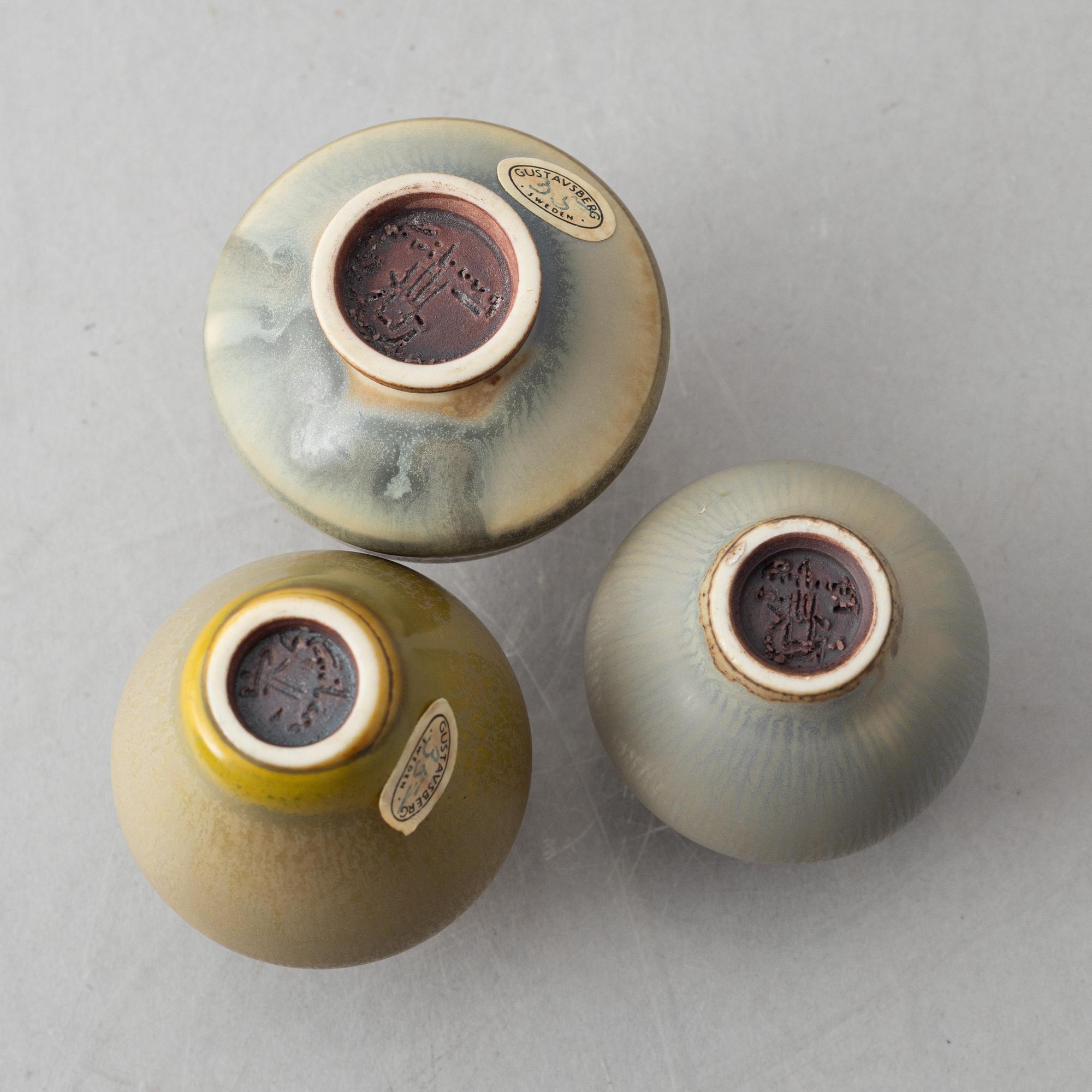 Berndt Friberg, a group of seven miniature stoneware vases and a bowl, Gustavsbergs Studio, 1957-70.