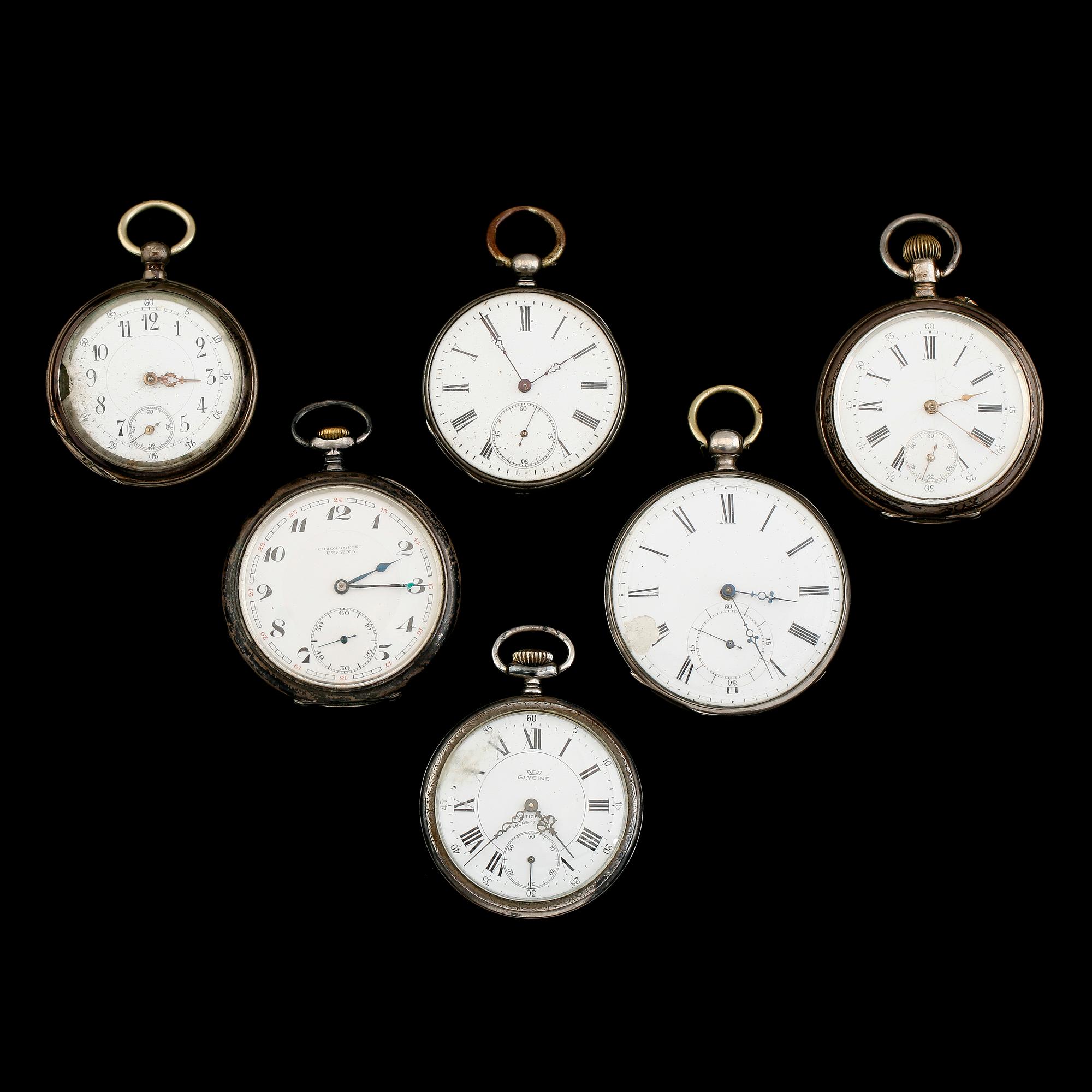 FICKUR, 6 st, varav tre silver, tre vitmetall, bl a Eterna, 1900-talets första hälft.