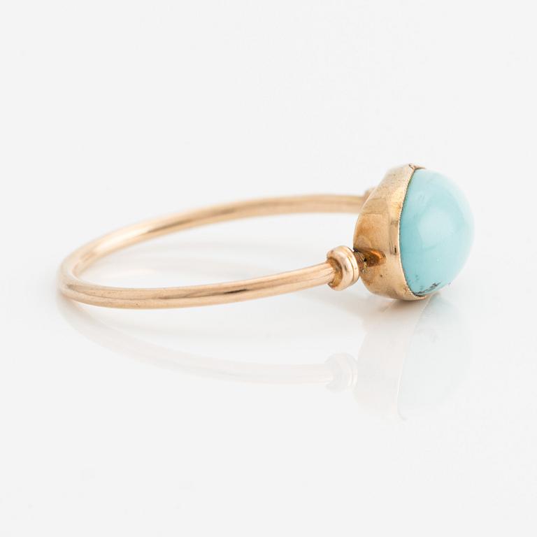Earrings and ring, gold with turquoises and white stones.