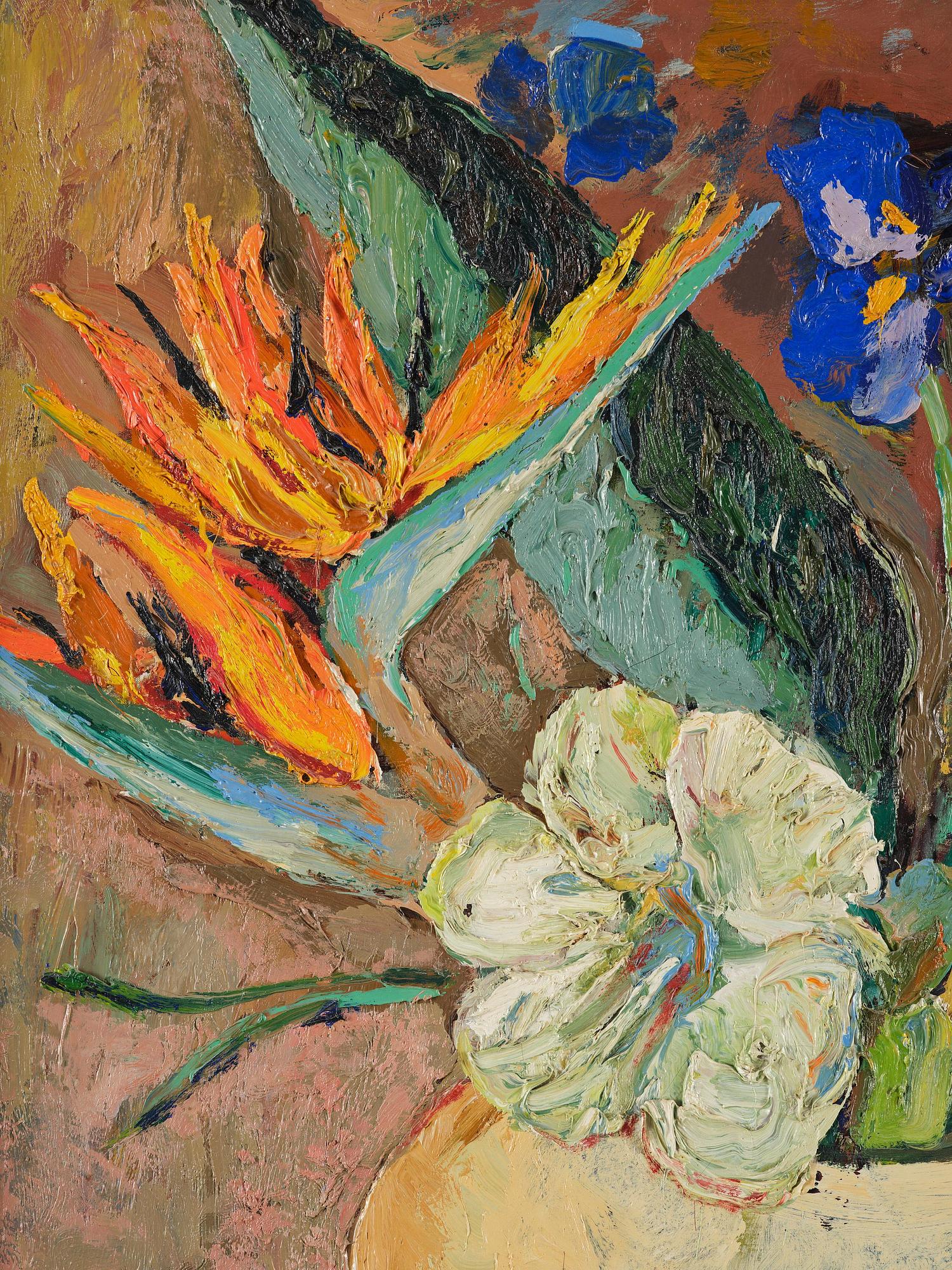 Albin Amelin, Still life with parrot flowers, iris, and white amaryllis.