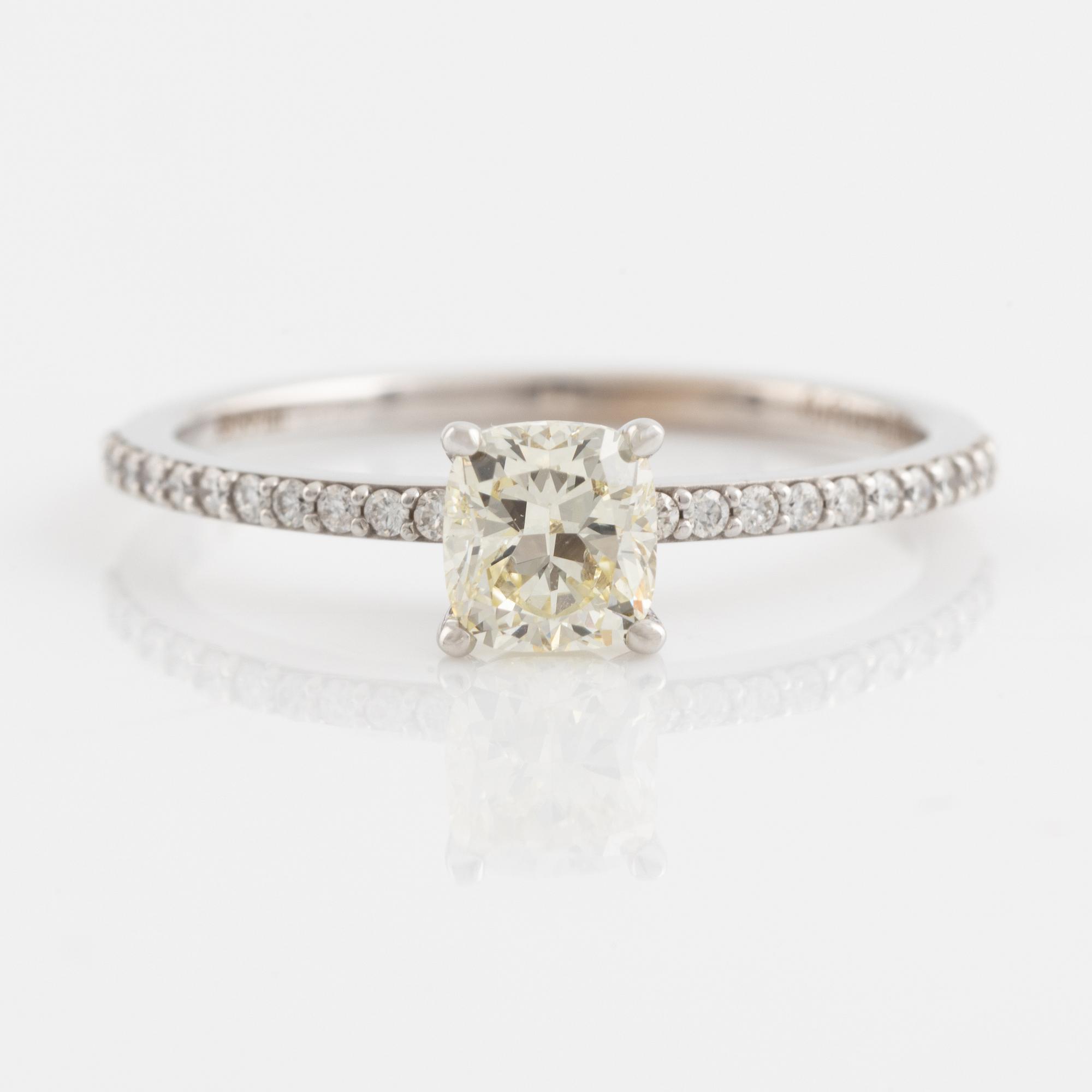 Cushion shaped diamond ring.