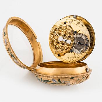 A 20k gold and enamel pocket watch by J-B Dutertre, the case by F. Bergs, Stockholm 1754.