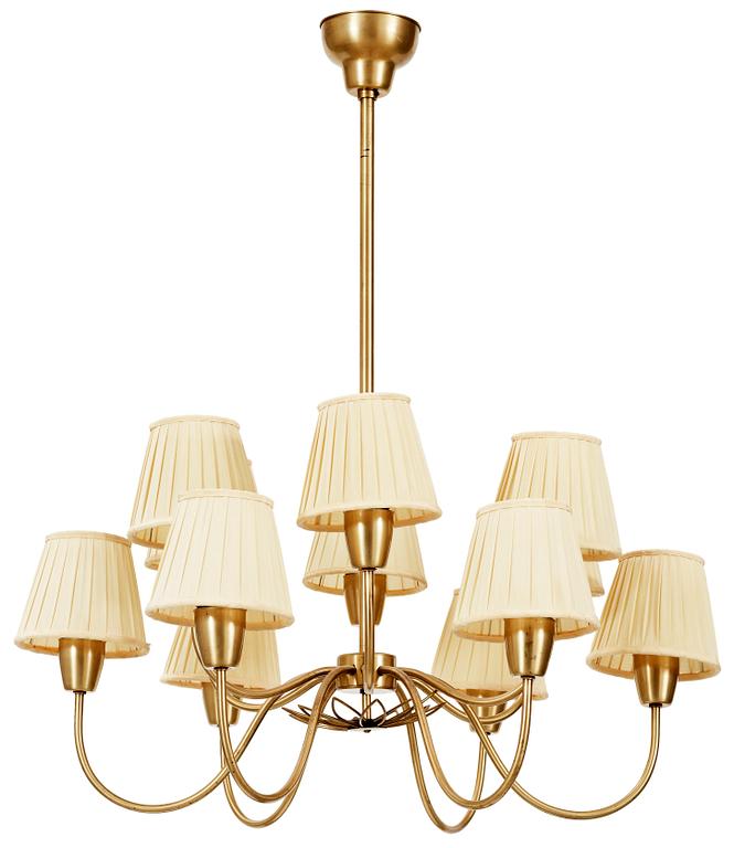 A Hans Bergström twelve light brass chandelier, Ateljé Lyktan, Helsingborg 1940's.