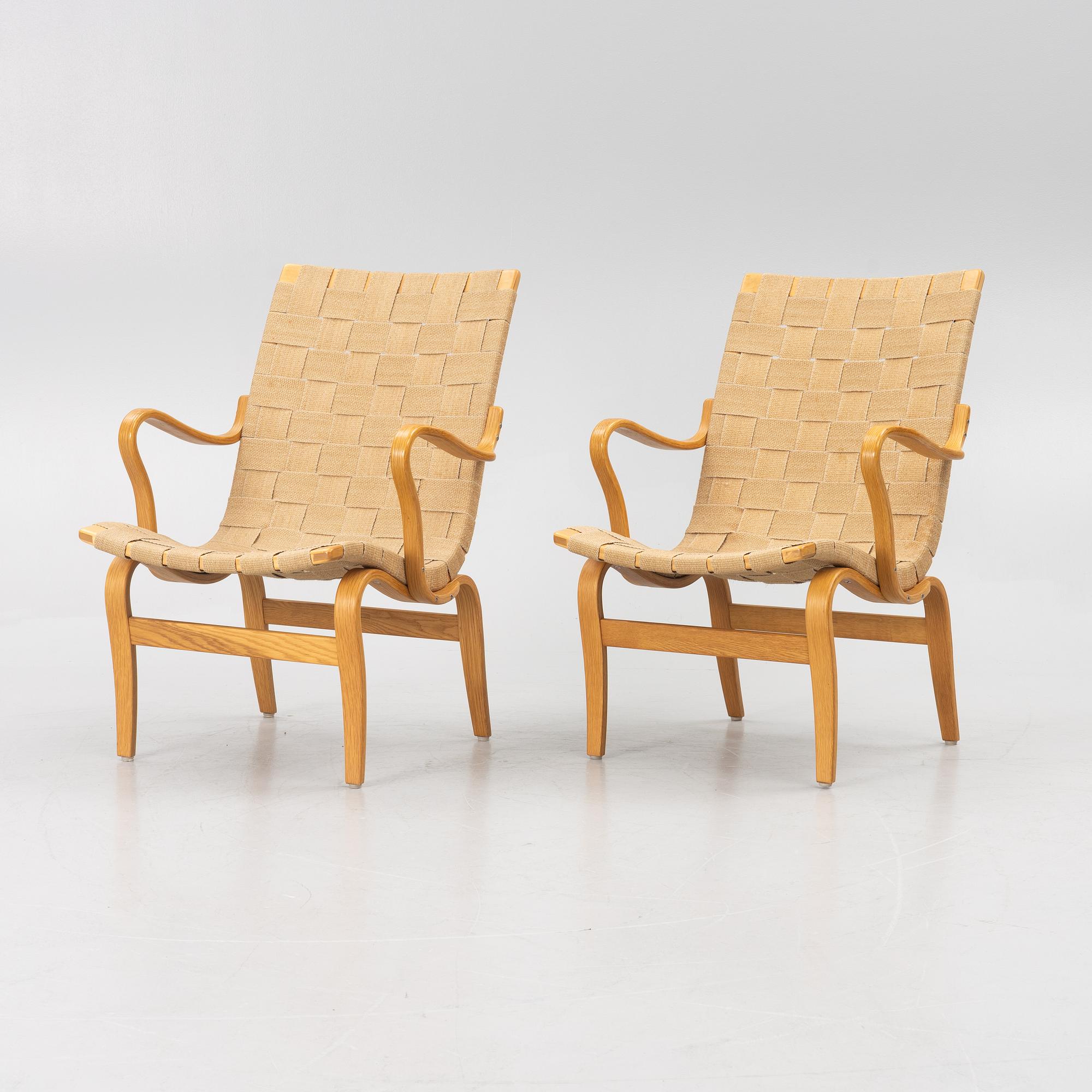 Bruno Mathsson, a pair of 'Eva' armchairs, Firma Karl Mathsson, Värnamo, 1973.