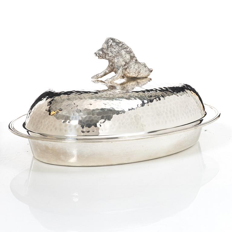 Covered bowl, silver plate, with glass insert, 20th century.