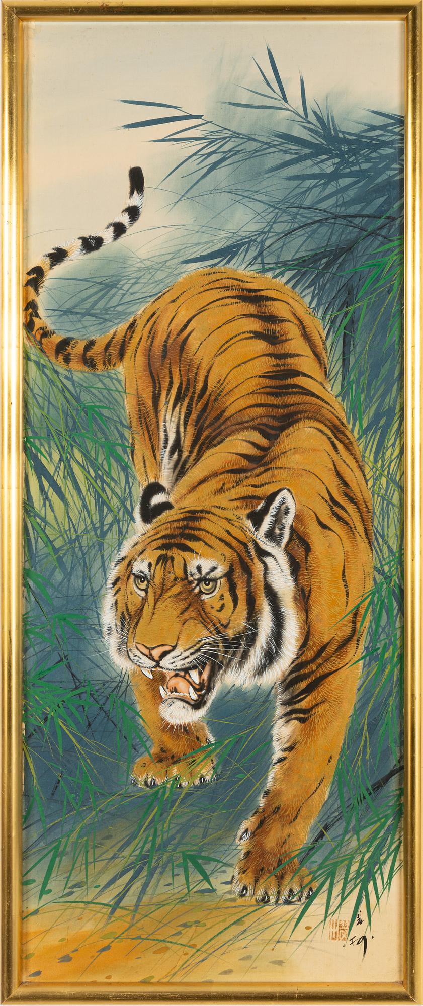 Okänd konstnär, akvarell på textil, Japan, Tiger, 1900-tal.