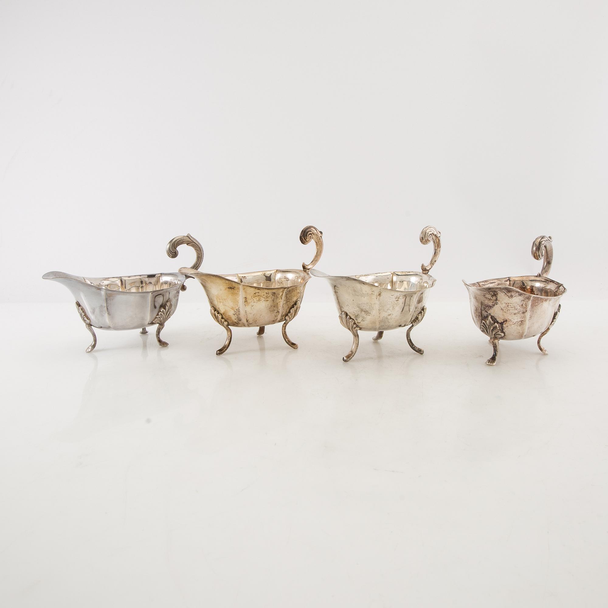 Sauceboats 4 similar Rococo-style silverplate early 20th century.