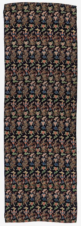 A set of three bolts of silk with 'five clawed dragons' against a midnight blue ground, Qing dynasty, 19th century.