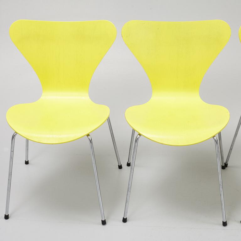 Arne Jacobsen, four 'Series 7' chairs, Fritz Hansen, Denmark, 1998.