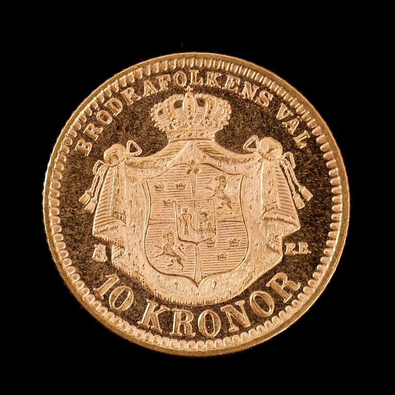 GULDMYNT, 10 kronor, Oscar II, 1894.  Vikt ca 5 gram.