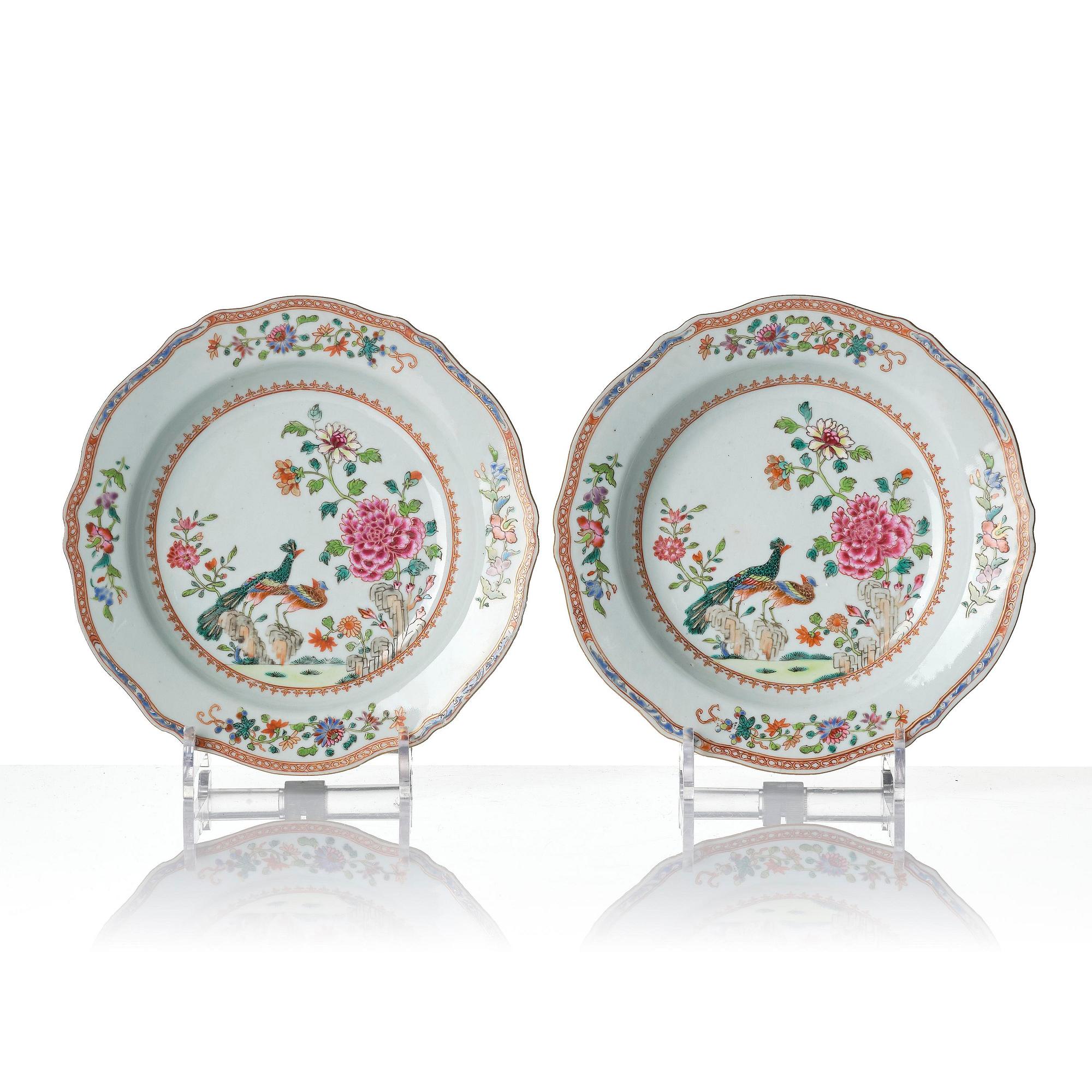 A set of six famille rose 'double peacock' soup dishes, Qing dynasty, Qianlong (1736-95).