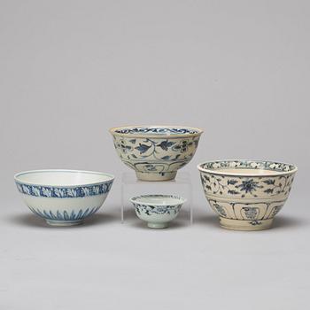 A group of for blue and white bowls, South East Asia, some 15t/h16th Centuyr.