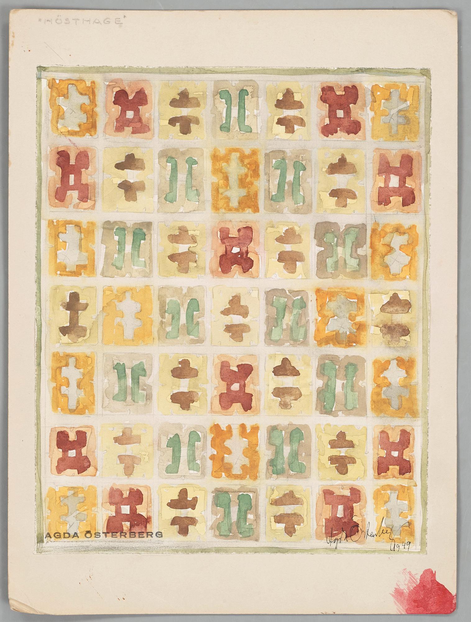 CARPET SKETCHES, 4 sheets. Watercolour and graphite. Three by Agda Österberg and one by Astrid Nyström.