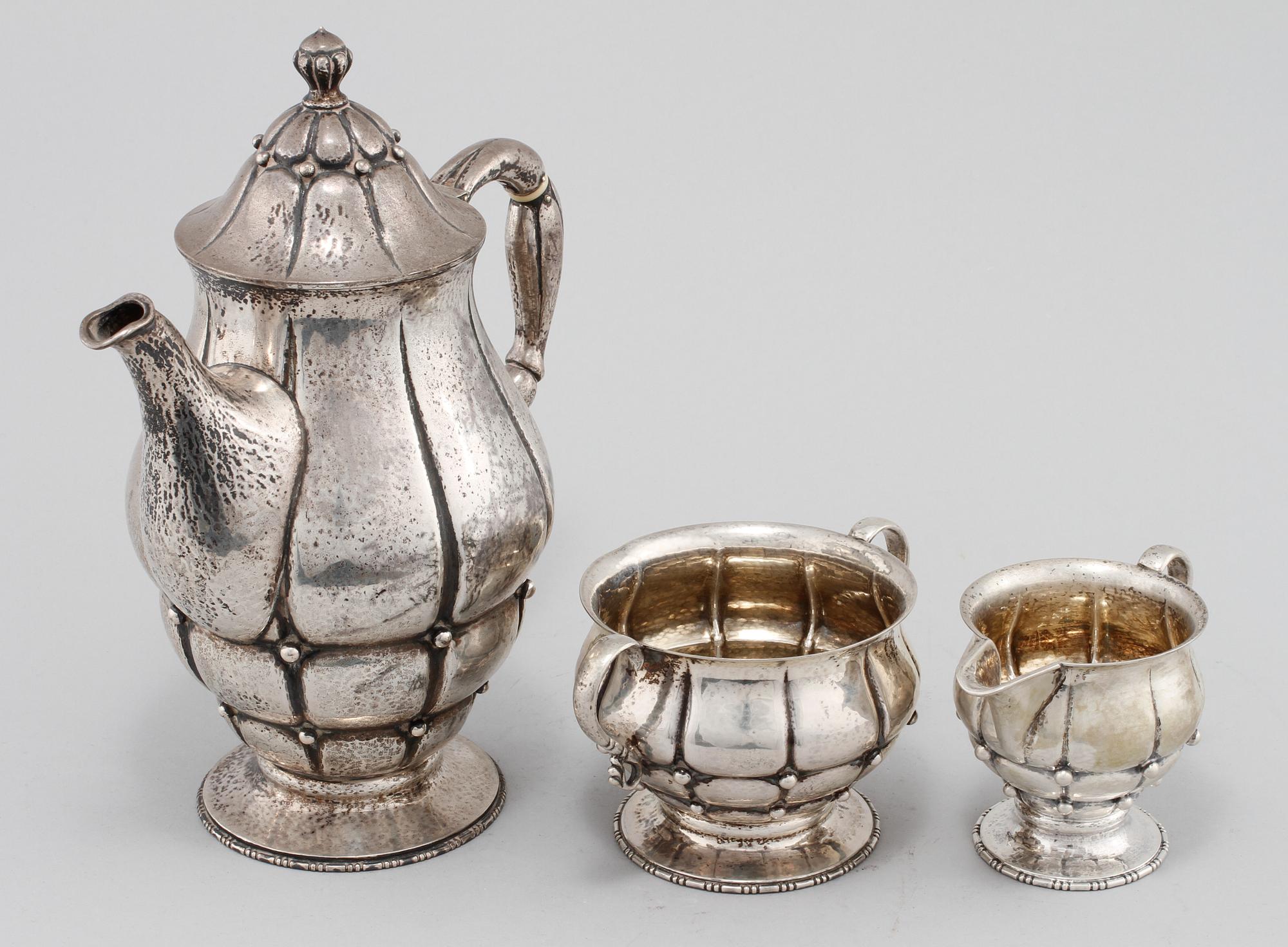 KAFFESERVIS, 3 delar, silver, Christian F Heise, Danmark, svenska importstämplar, K Andersson, 1920-tal. Tot vikt 992 g.