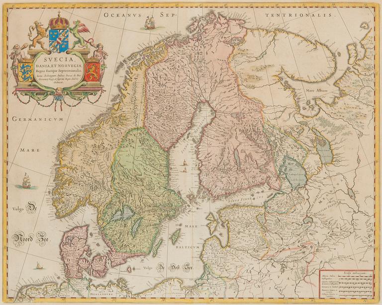 Kartta, Svecia, Dania et Norvegia, käsinvärjätty, kuparipiirros, Blaeu, Antwerpen, noin 1660.