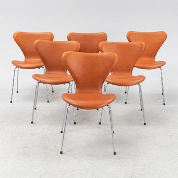 Arne Jacobsen, stolar, 6 st, "sjuan", Fritz Hansen, Danmark, sent 1900-tal.