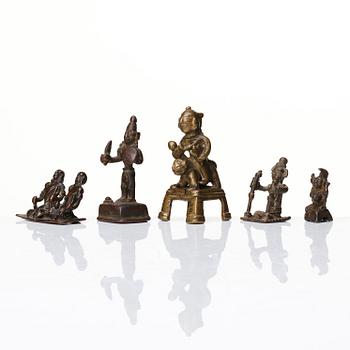 A set of five bronze miniature sculptures of deities, India.